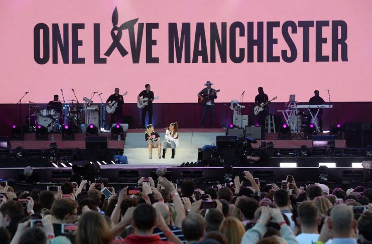 Miley Cyrus and Ariana Grande perform during the One Love Manchester benefit concert for the victims of the Manchester Arena terror attack at Emirates Old Trafford