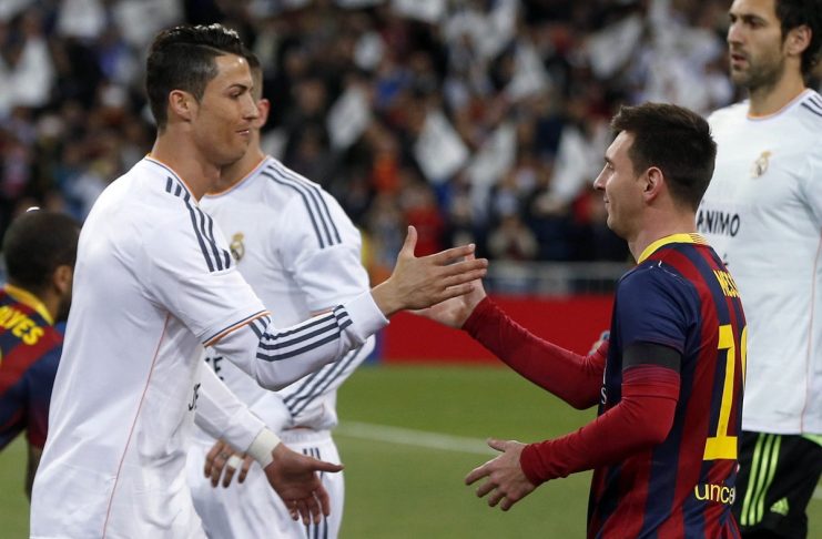 Real Madrid’s Cristiano Ronaldo shakes hands with Barcelona’s Lionel Messi before La Liga’s second ‘Clasico’ soccer match of the season in Madrid