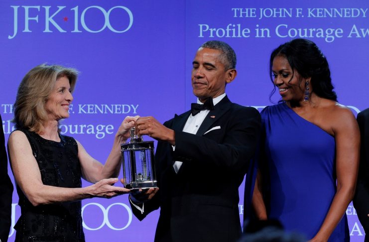 Caroline Kennedy presents the 2017 Profile in Courage Award to former U.S. President Barack Obama during a ceremony at the John F. Kennedy Library in Boston