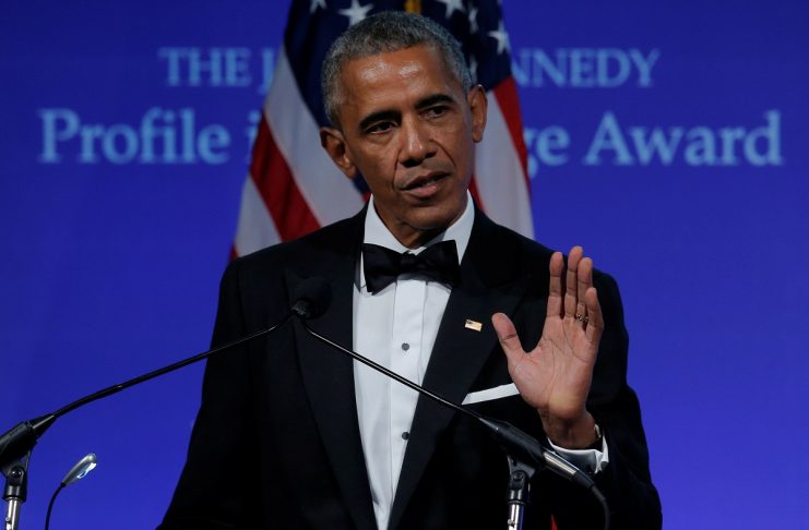 Former U.S. President Barack Obama speaks after receiving the 2017 Profile in Courage Award during a ceremony at the John F. Kennedy Library in Boston