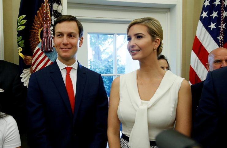 White House Senior Adviser Jared Kushner and Ivanka Trump stand together after John Kelly was sworn in as White House Chief of Staff in the Oval Office of the White House in Washington