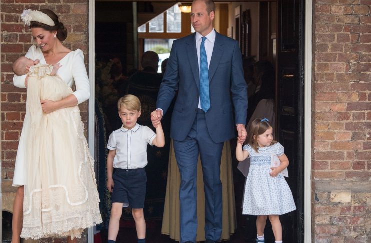 Britain’s Prince William and Catherine, the Duchess of Cambridge, leave the chapel with their children Prince George, Princess Charlotte and Prince Louis after Prince Louis’s christening in the Chapel Royal, St James’s Palace, London