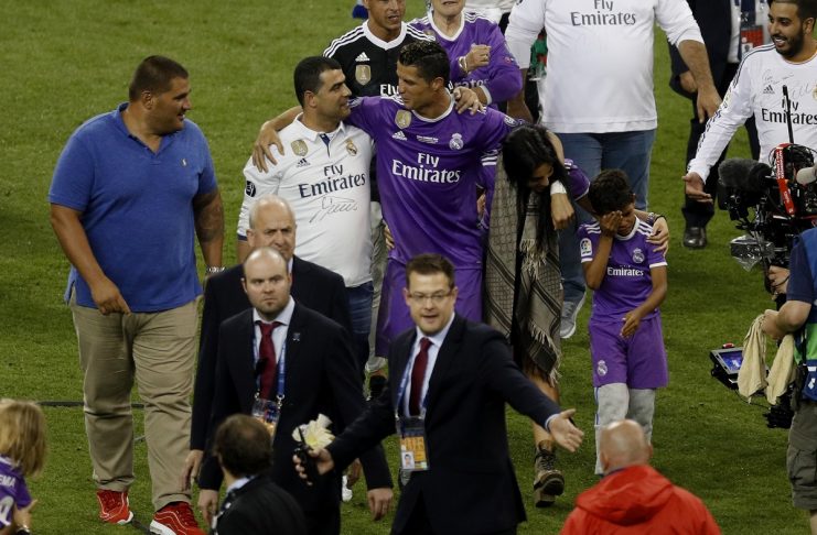 Real Madrid’s Cristiano Ronaldo celebrates his partner Georgina Rodriguez and son Cristiano Ronaldo Junior after winning the UEFA Champions League Final