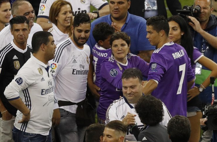 Real Madrid’s Cristiano Ronaldo celebrates his mum Dolores Aveiro, partner Georgina Rodriguez and son Cristiano Ronaldo Junior after winning the UEFA Champions League Final