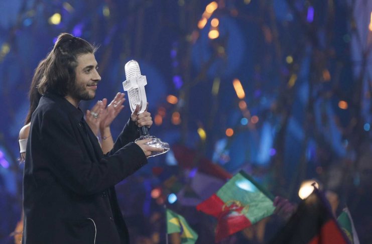 Portugal’s Salvador Sobral celebrates after winning the grand final of the Eurovision Song Contest 2017 at the International Exhibition Centre in Kiev