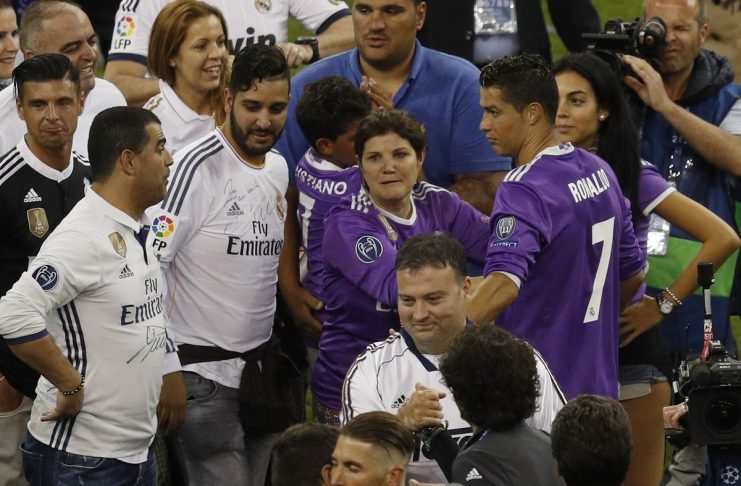 Real Madrid’s Cristiano Ronaldo celebrates with his mum Dolores Aveiro, partner Georgina Rodriguez and son Cristiano Ronaldo Junior after winning the UEFA Champions League Final