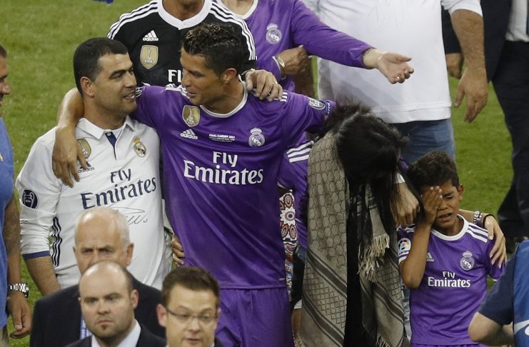 Real Madrid’s Cristiano Ronaldo celebrates his partner Georgina Rodriguez and son Cristiano Ronaldo Junior after winning the UEFA Champions League Final