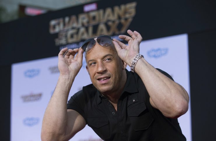 Cast member Vin Diesel poses at the premiere of “Guardians of the Galaxy” in Hollywood