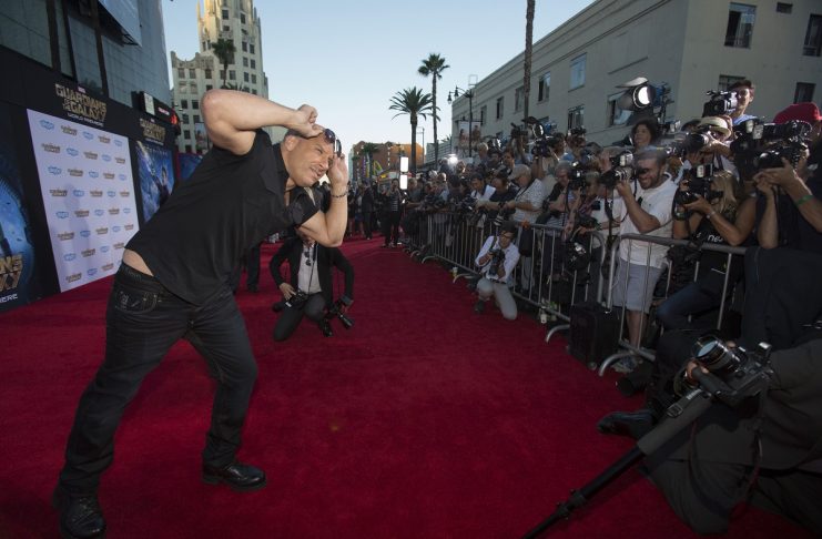 Cast member Diesel poses at the premiere of “Guardians of the Galaxy” in Hollywood