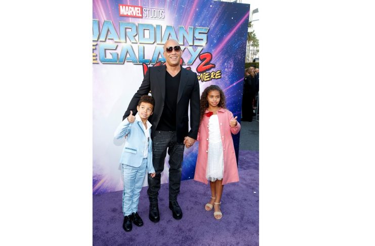 Actor Vin Diesel poses with his son Vincent Sinclair and Hania Riley Sinclair at the world premiere of Marvel Studios’ “Guardians of the Galaxy Vol. 2.” in Hollywood, California