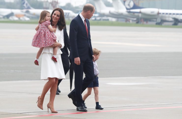 Prince William, the Duke of Cambridge, his wife Catherine, The Duchess of Cambridge, Prince George and Princess Charlotte arrive at a military airport in Warsaw