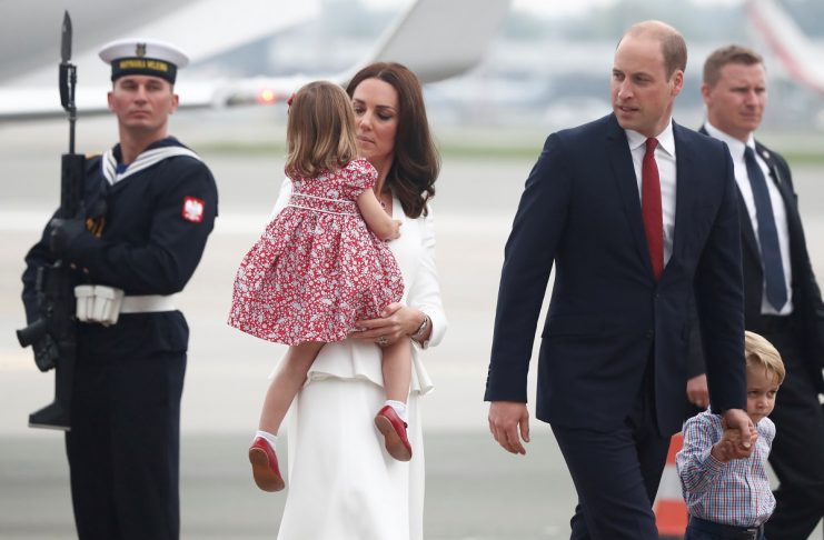 Prince William, the Duke of Cambridge, his wife Catherine, The Duchess of Cambridge, Prince George and Princess Charlotte arrive at a military airport in Warsaw