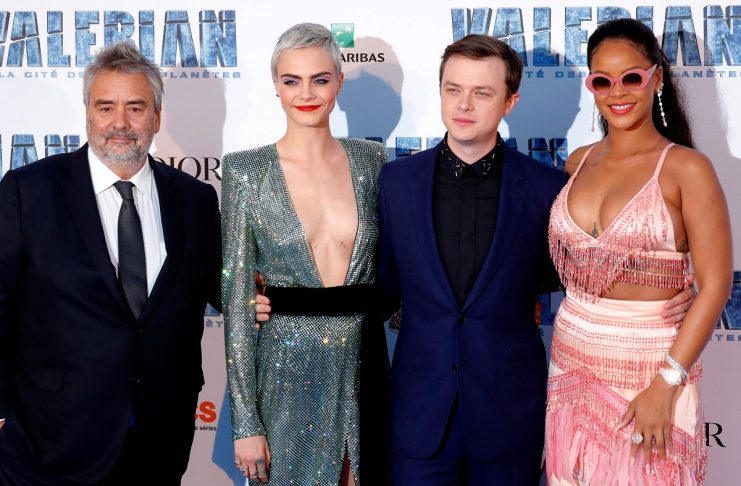 Director of the movie Luc Besson and cast members Dane DeHaan, Rihanna and Cara Delevingne pose as they arrive for the premiere of the film “Valerian and the City of a Thousand Planets” in Saint-Denis near Paris