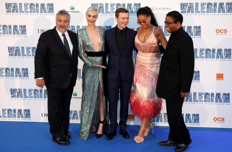 Director of the movie Luc Besson, cast members Cara Delevingne, Dane DeHaan, Rihanna and U.S. musician Herbie Hancock at the premiere of the film “Valerian and the City of a Thousand Planets” in Saint-Denis near Paris