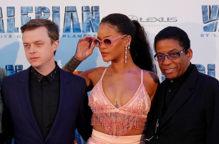 Cast members Dane DeHaan and Rihanna and U.S. musician Herbie Hancock pose as they arrive for the premiere of the film “Valerian and the City of a Thousand Planets” in Saint-Denis near Paris