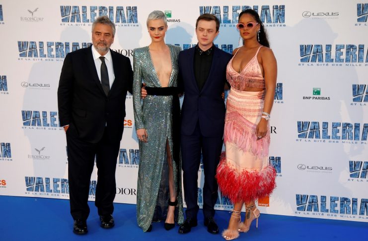 Director of the movie Luc Besson, cast members Cara Delevingne, Dane DeHaan and Rihanna pose for the premiere of the film “Valerian and the City of a Thousand Planets” in Saint-Denis near Paris