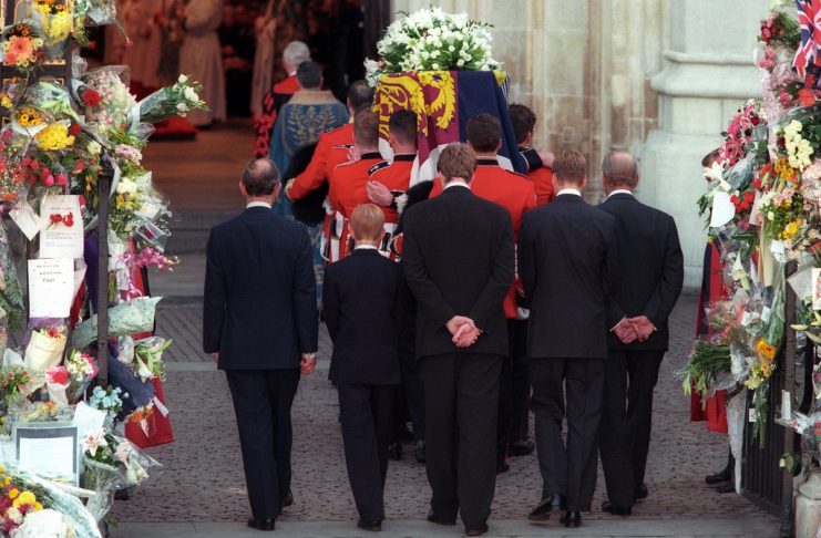 Britain’s Prince Charles, Prince Harry, Earl Spencer, Prince William and the Duke of Edinburgh follow the coffin of Diana, Princess of Wales, as it is carried into Westminster Abbey for a funeral service