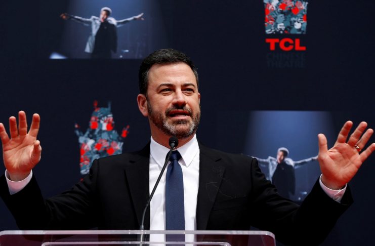 Television host Kimmel speaks at a ceremony for recording artist Lionel Richie to place his handprints and footprints in cement in the forecourt of the TCL Chinese theatre in Los Angeles