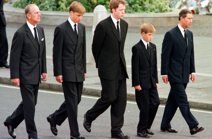 The Duke of Edinburgh, Prince William, Earl Spencer, Prince Harry and Prince Charles (L to R) outsid..