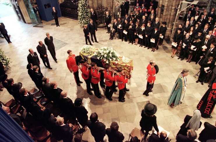 The coffin of  Diana, Princess of Wales, is carried inside Westminster Abbey September 6. Millions o..