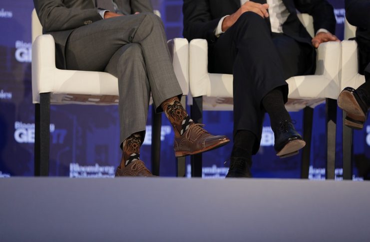 Justin Trudeau, Prime Minister of Canada, wears Chewbacca socks while participating in a panel discussion at a Bloomberg Global Business Forum panel event in New York