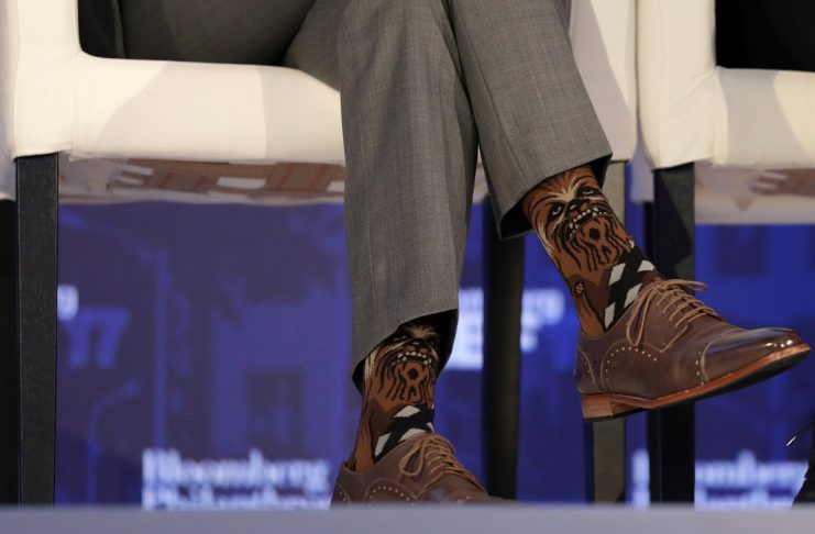 FILE PHOTO: Justin Trudeau, Prime Minister of Canada, wears Chewbacca socks while participating in a panel discussion at a Bloomberg Global Business Forum panel event in New York
