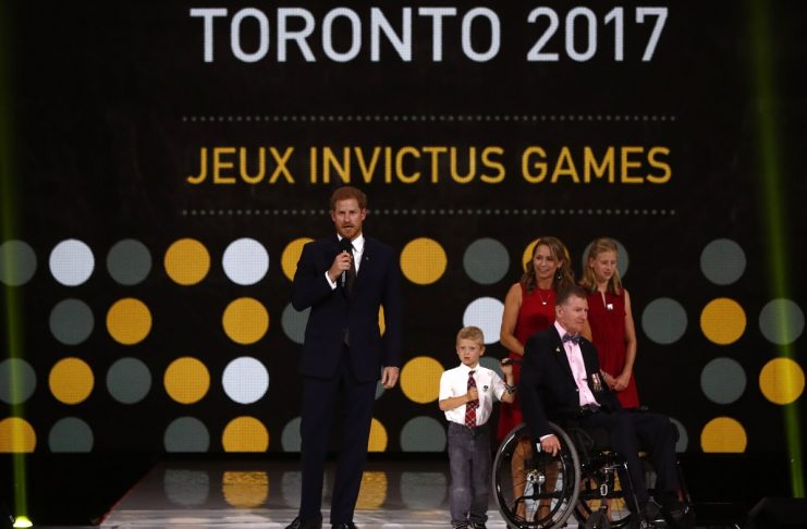 Britain’s Prince Harry speaks during the opening ceremony for the Invictus Games in Toronto