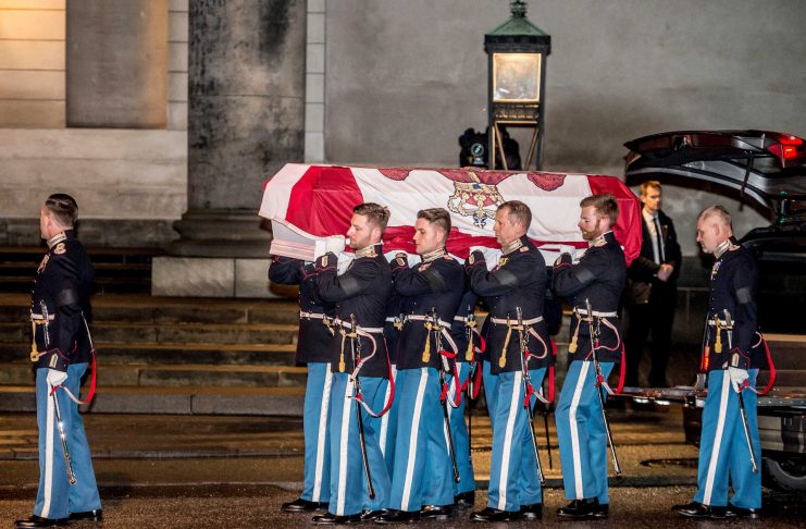 The casket with late Prince Henrik arrives at Christiansborg Palace Church in Copenhagen