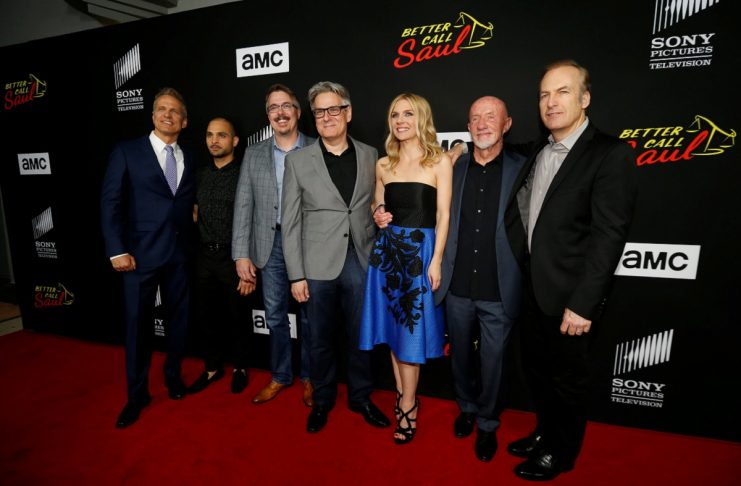 Executive producers Gilligan and Gould pose with cast members Fabian, Mando, Seehorn, Banks and Odenkirk at the premiere for season 3 of the television series “Better Call Saul” in Culver City