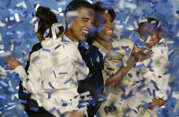 Illinois US Senate candidate Democrat Barack Obama celebrates with his family in Chicago.