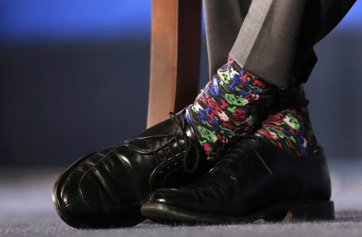Canadian PM Trudeau’s colorful socks are seen during a Q&A session after his speech at the U.S. Chamber of Commerce in Washington