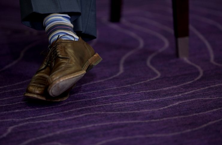 Canada’s Prime Minister Justin Trudeau socks seen as he speaks during a bilateral meeting at the Fifth Replenishment Conference of the Global Fund to Fight AIDS, Tuberculosis, and Malaria in Montreal