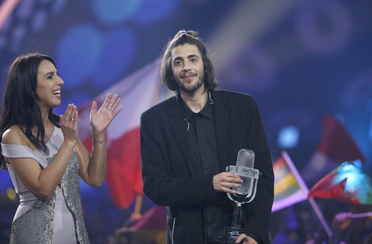 Portugal’s Salvador Sobral celebrates after winning the grand final of the Eurovision Song Contest 2017 at the International Exhibition Centre in Kiev