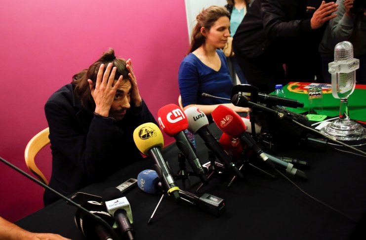 Portugal’s winner of Eurovision Song Contest 2017, Salvador Sobral and his sister Luisa Sobral attend a news conference at Humberto Delgado Airport in Lisbon