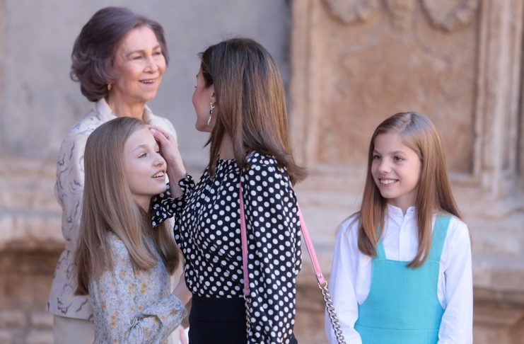 Members of the Spanish Royal Family Queens Letizia  and Queen Sofia with Infantas Leonor and Sofia pose for the media after attending an Easter Sunday mass at Palma de Mallorca’s Cathedral on the Spanish island of Mallorca
