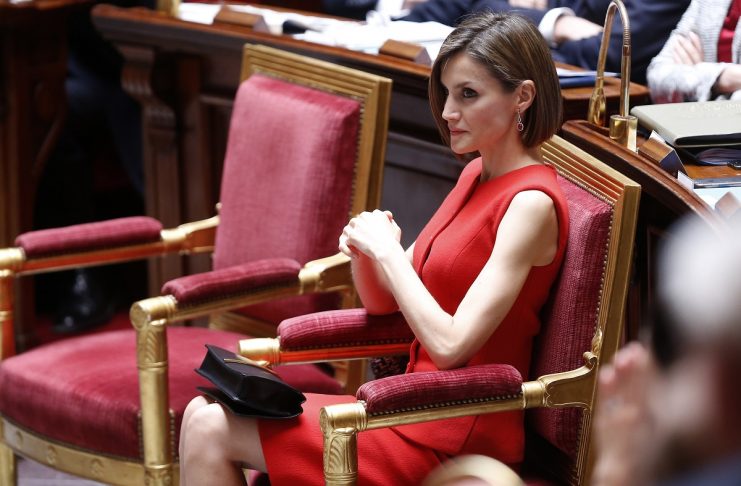 Spain’s Queen Letizia listens as her husband King Felipe VI (unseen) addresses the French parliament at the National Assembly in Paris