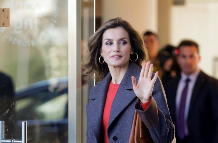 Spain’s Queen Letizia waves as she leaves the science and technology division of the University of Porto on the second day of an official visit to Portugal, in Porto
