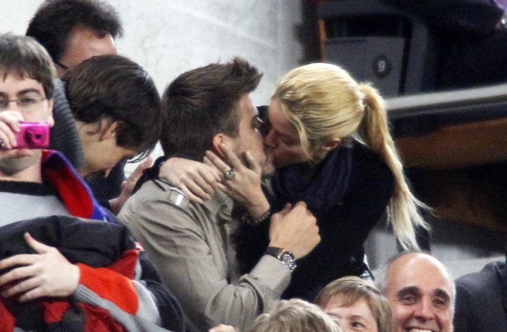 Barcelona’s player Gerard Pique kisses Colombian singer Shakira in Barcelona