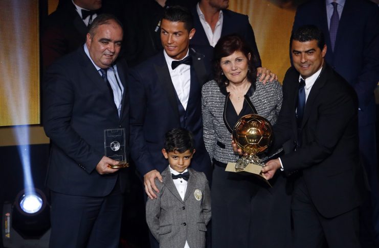 FIFA Ballon d’Or winner Ronaldo poses with his mother Maria Dolores dos Santos Aveiro and son Ronaldo Jr. after the FIFA Ballon d’Or 2014 soccer awards ceremony in Zurich