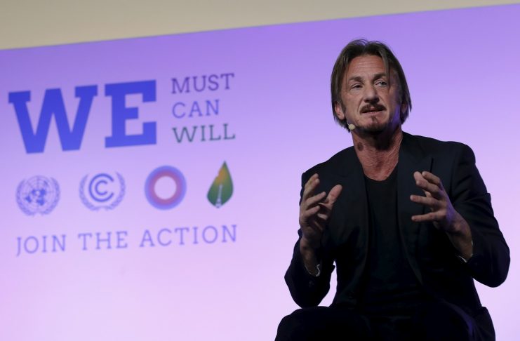 Actor and activist Sean Penn, delivers a speech during the World Climate Change Conference 2015 (COP21) at Le Bourget, near Paris, France
