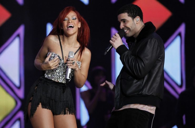 Rihanna performs with Drake during half-time of the NBA All-Star basketball game in Los Angeles