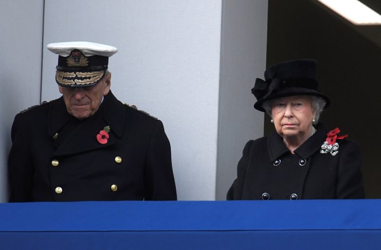 Britain’s Queen Elizabeth II and Prince Philip, Duke of Edinburgh stand in silence at the Remembrance Sunday Cenotaph service in London