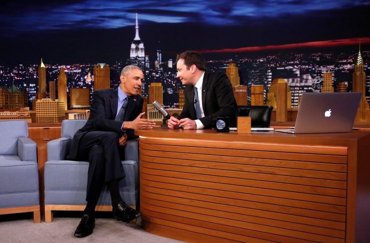 Obama talks to Tonight Show host Fallon during a break in a taping of the show, to air Thursday night, at NBC’s Rockefeller Center studios in New York