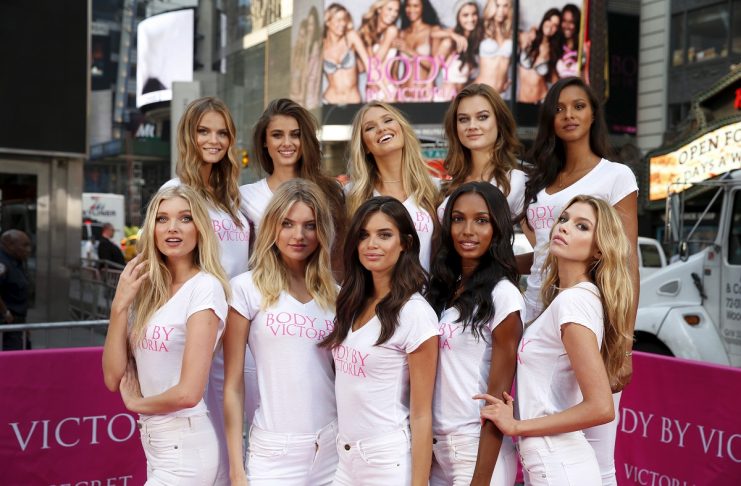 The newest Victoria’s Secret “Angels” models pose for photographers in New York’s Times Square during launch of new “Body by Victoria” campaign