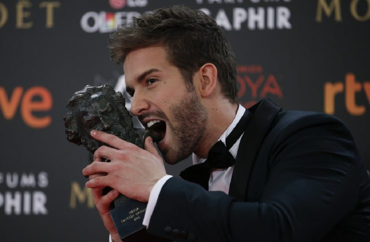 Musician Alboran, who won the Best Original Song, poses with his trophy during the Spanish Film Academy’s Goya Awards ceremony in Madrid