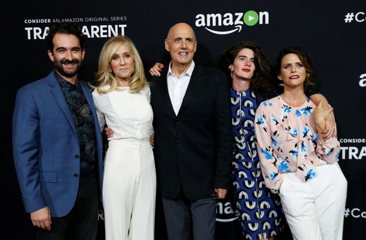 Cast members Duplass, Light, Tambor, Hoffmann and Landecker pose at a premiere screening for the television series “Transparent” at Directors Guild of America in Los Angeles