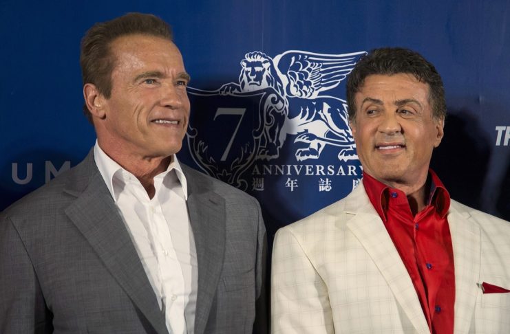 Schwarzenegger and Stallone arrive on the red carpet for the special screening of “The Expendables 3” in Macau