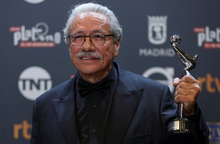 Actor Edward James Olmos, who won the Honorary award, poses with his trophy during the Platino Awards in Madrid