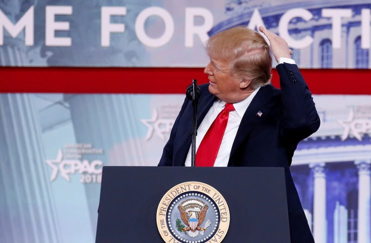 U.S. President Donald Trump gestures at the Conservative Political Action Conference (CPAC) at National Harbor, Maryland