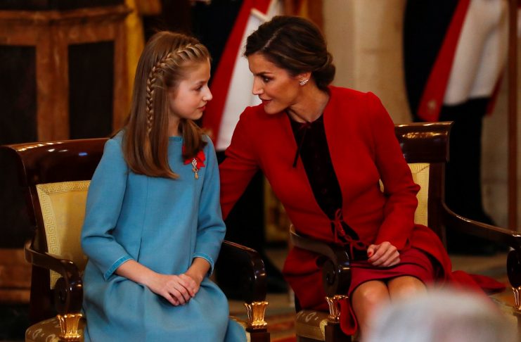 Spain’s Queen Letizia talks to her daughter Princess Leonor during a ceremony in which Princess Leonor was presented with the insignia of the “Toison de Oro” (Order of the Golden Fleece)  at the Royal Palace in Madrid
